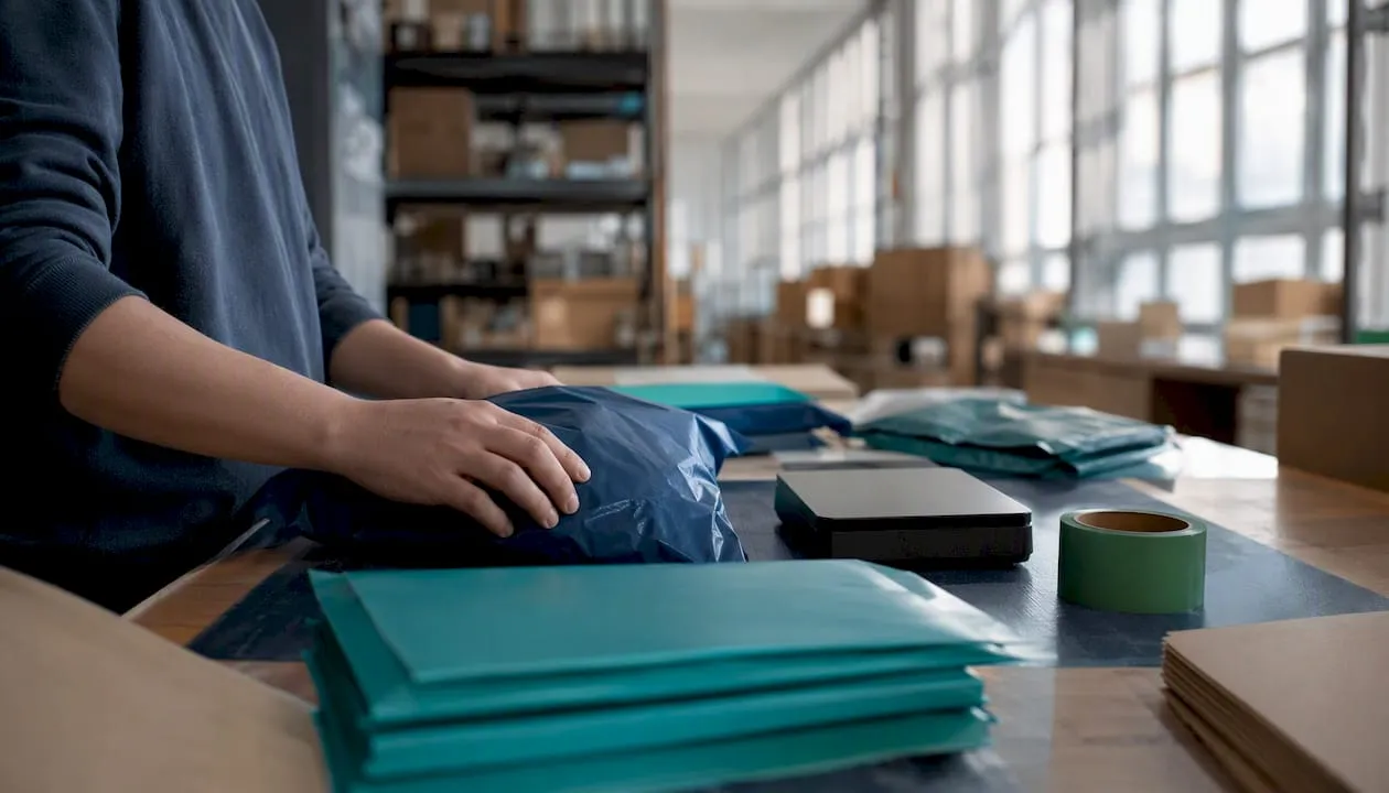 Hands packing shipping boxes in warehouse
