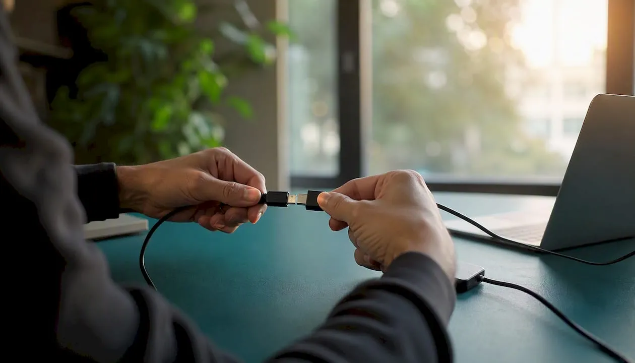 Hands connecting data cables on desk