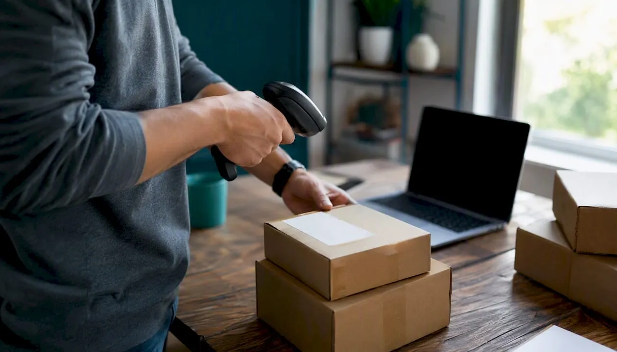 Hands scanning barcodes on shipping boxes