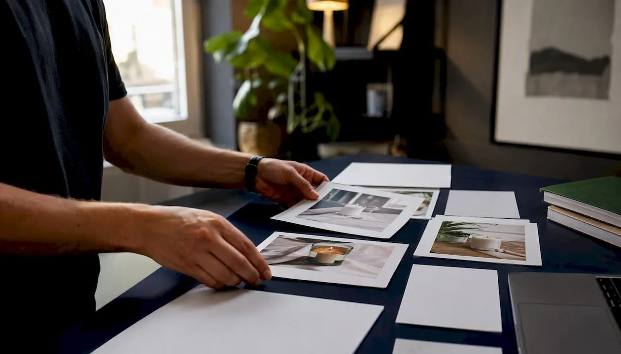Hands arranging product photos on desk