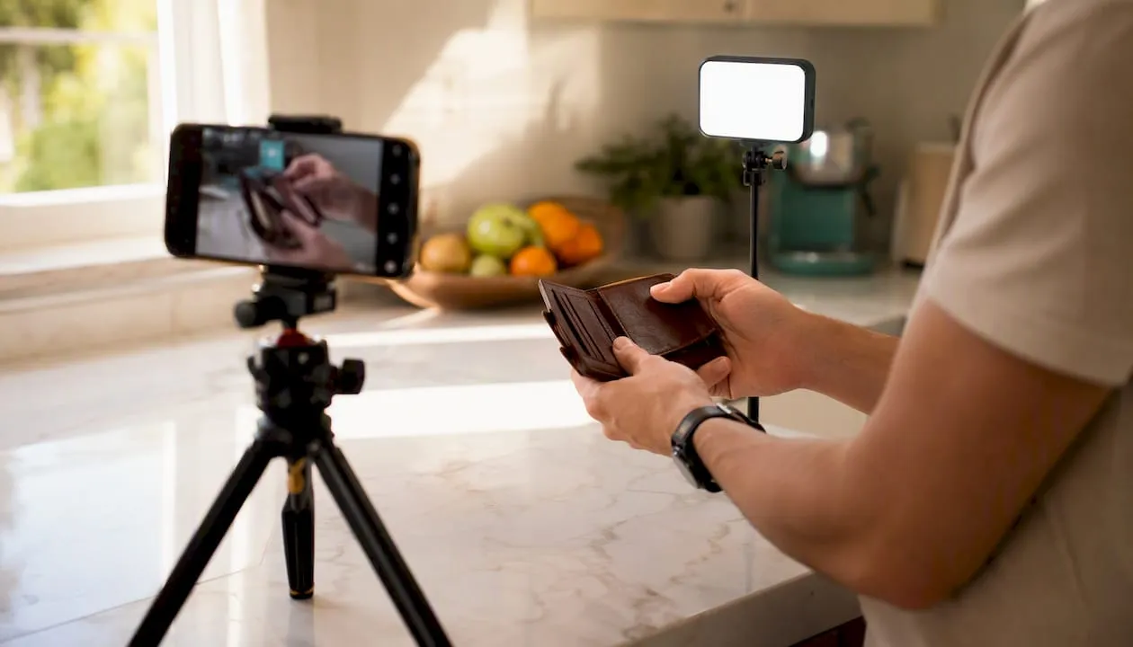Hands filming wallet for product use video