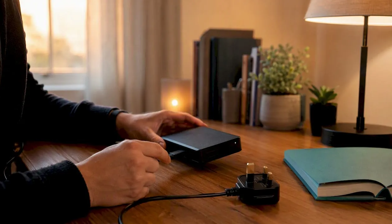 Hands connecting external drive on white desk