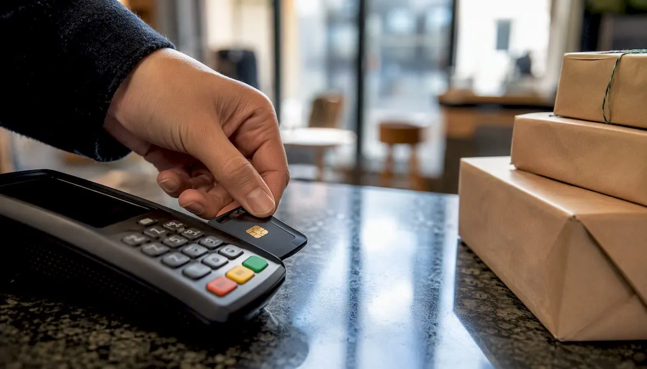 Hand inserting card reader into payment terminal
