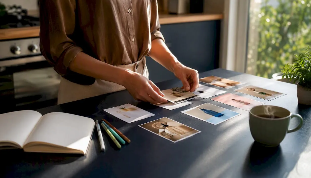 Hands arranging online store branding materials
