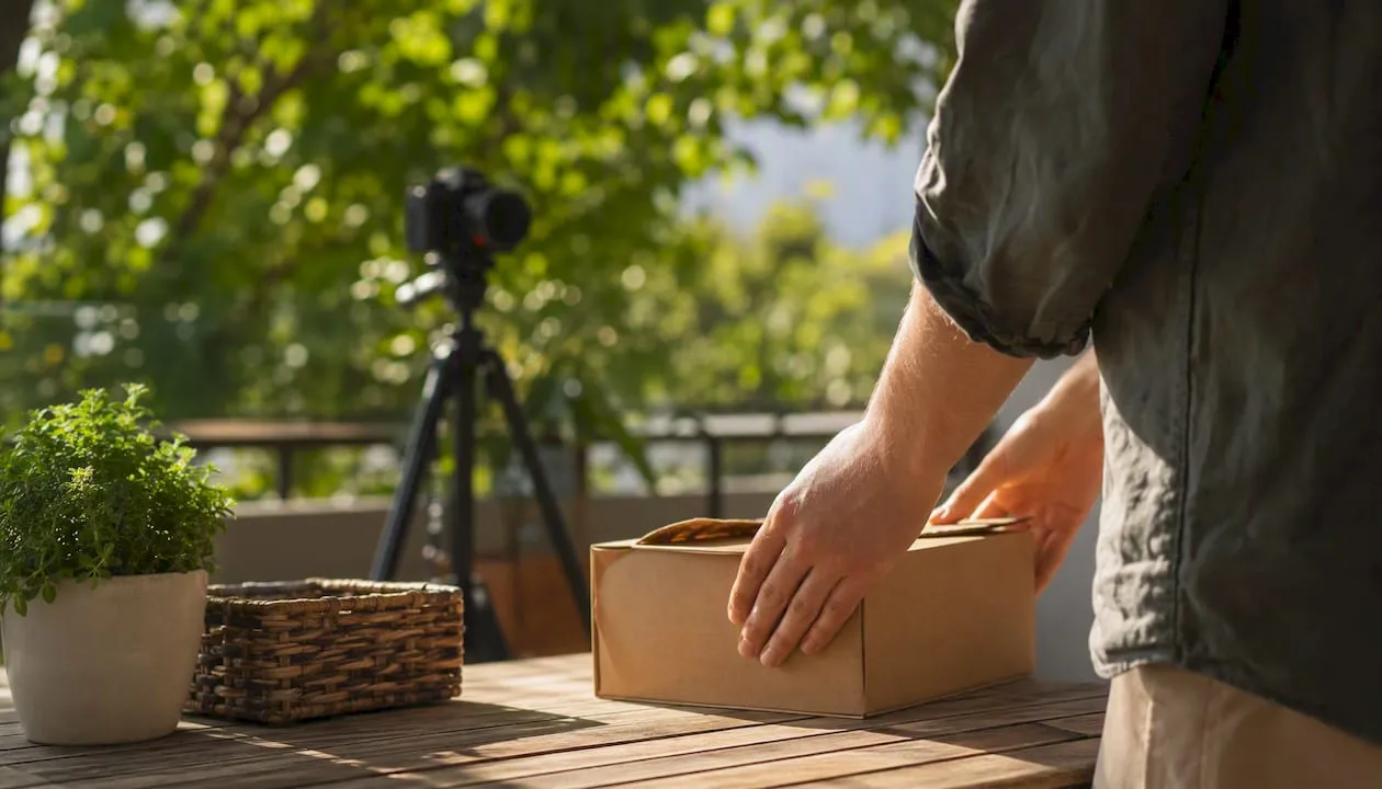 Hands arranging e-commerce product packaging