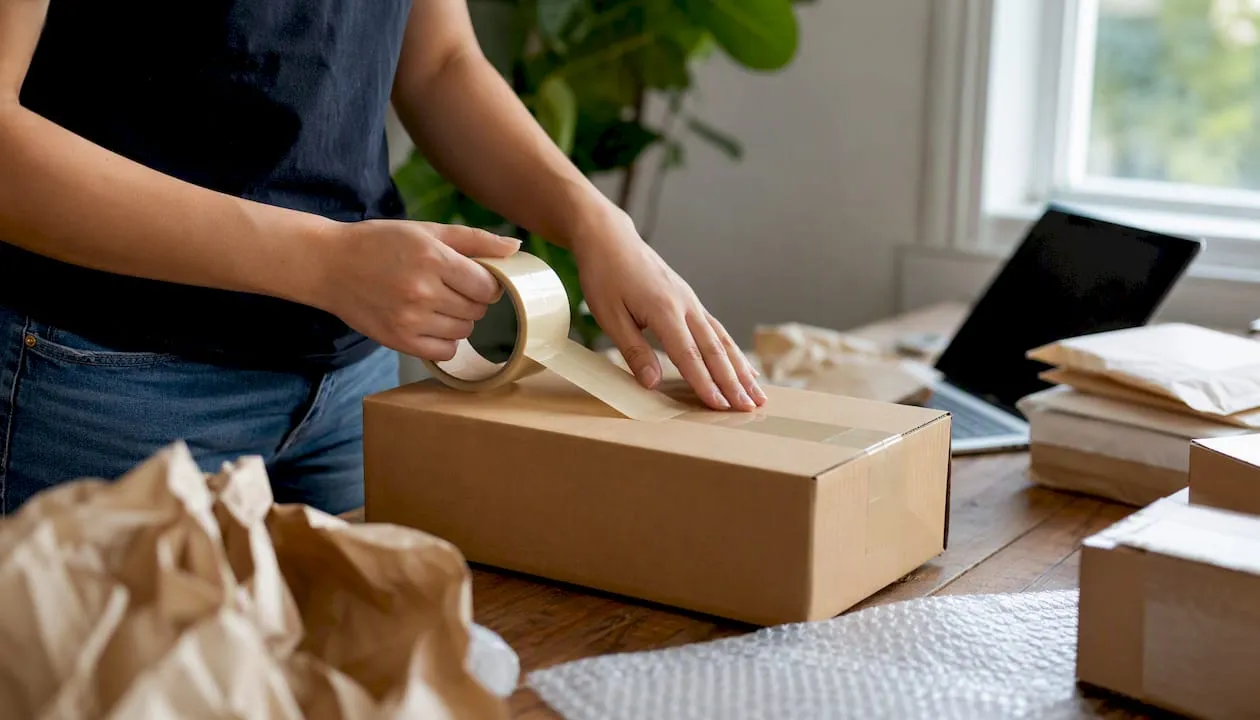 Hands sealing unbranded shipping box