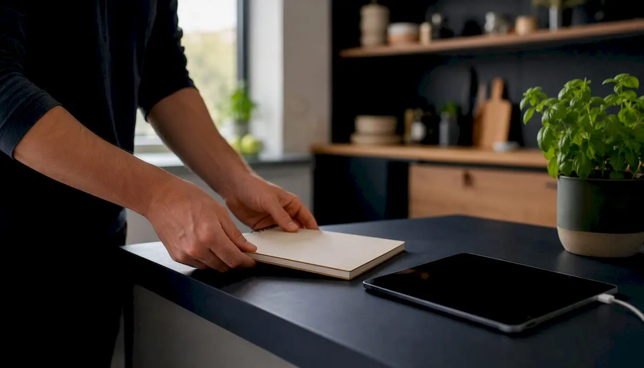 Hands arranging workspace for Shopify store planning