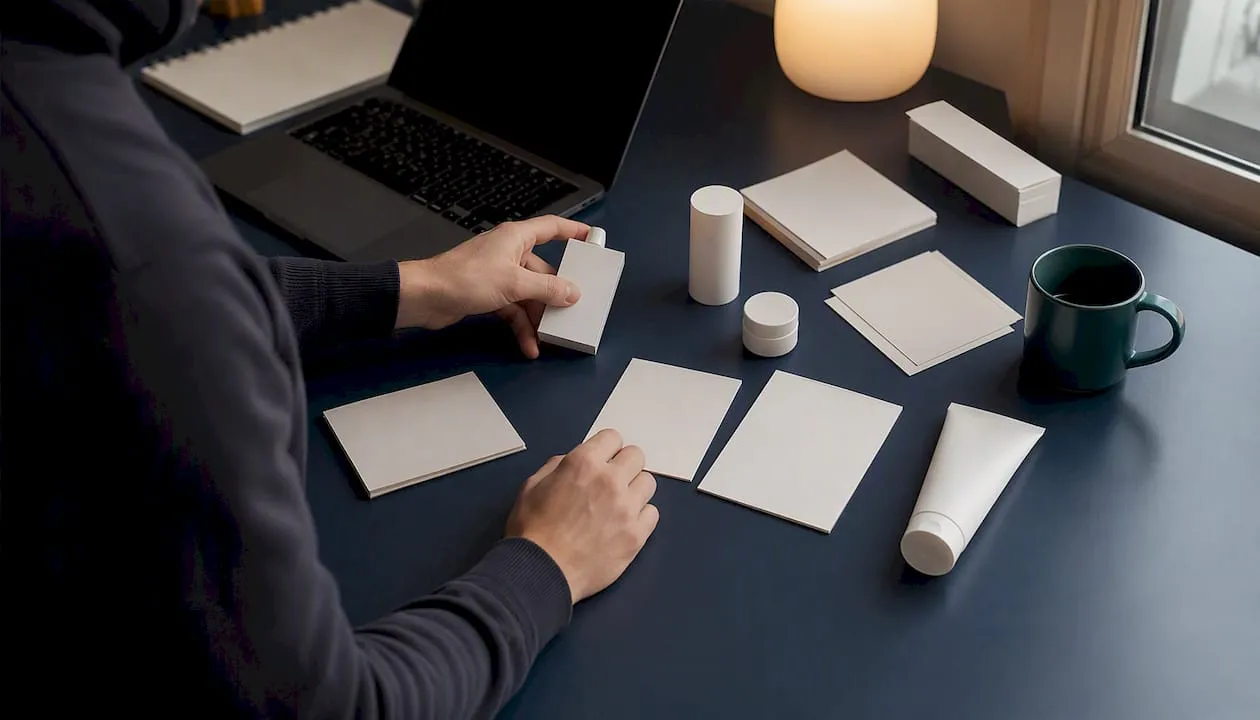 Hands manually writing product content notes