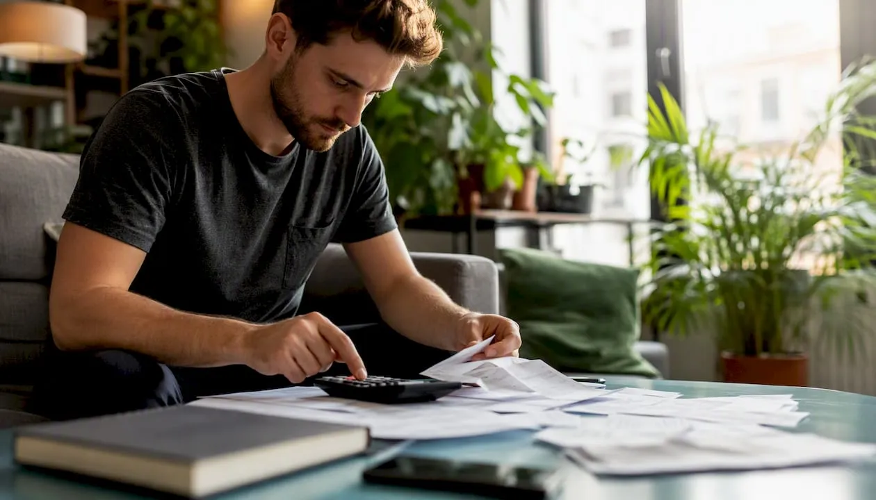 Hands calculating Shopify store costs at desk