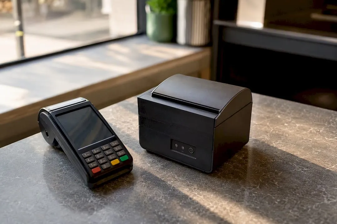 Card reader and receipt printer on retail counter