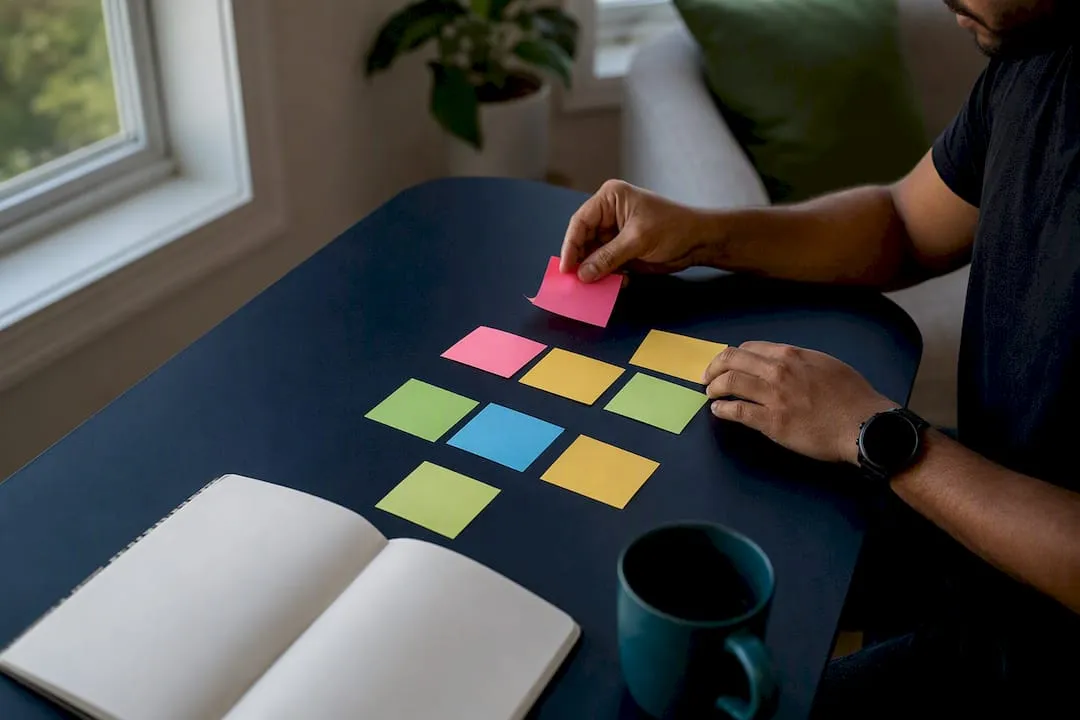 Hands writing product title ideas on sticky notes