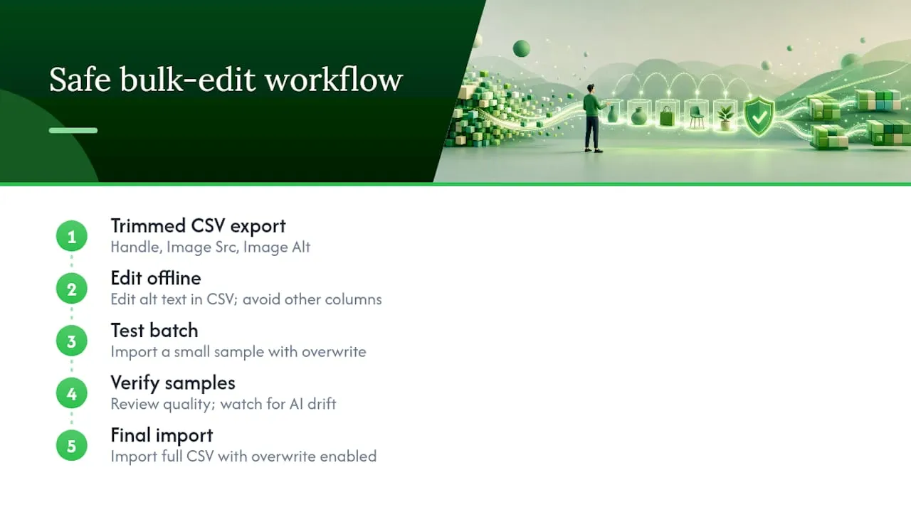 Diagram of safe Shopify alt text bulk edit workflow