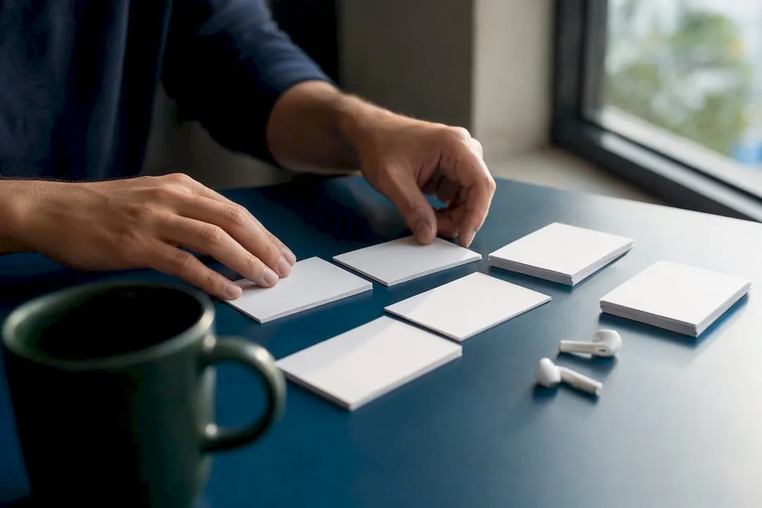 Hands organizing index cards symbolizing content upkeep