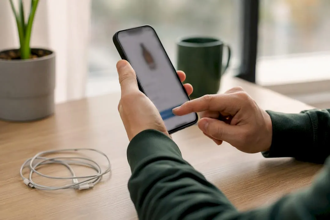Hands operating smartphone for test checkout