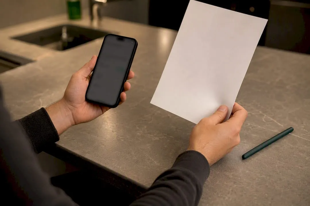 Hands comparing totals on device and paper