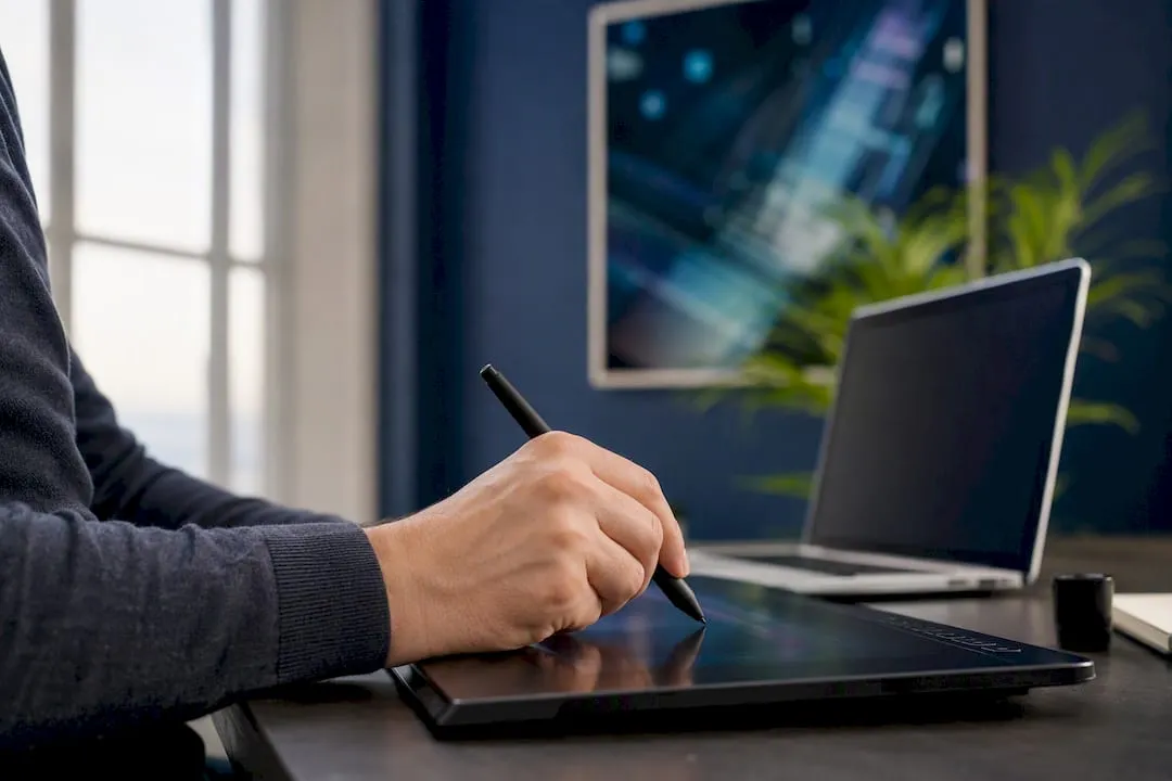 Hands editing graphic tablet in workspace
