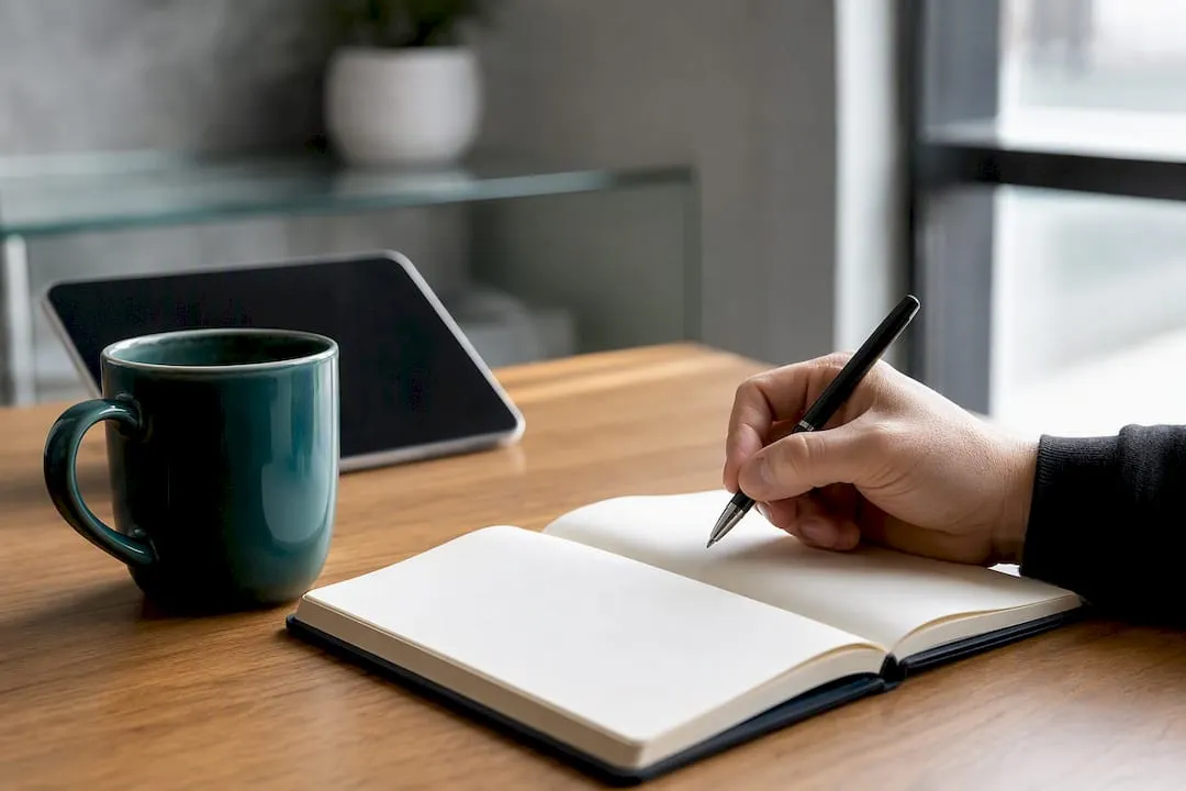 Hand poised to write FAQ block notes at desk