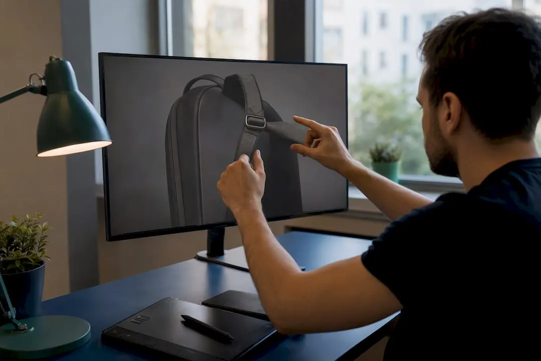 Hands adjusting product image on screen