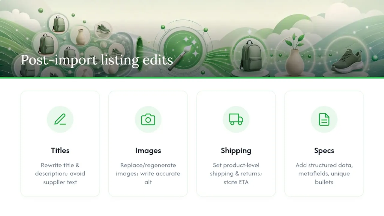 Four post-import Shopify listing edits