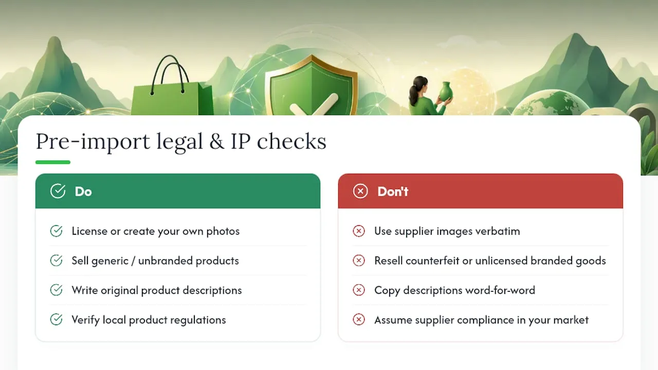 What legal and intellectual property issues should you check before importing? — overview diagram