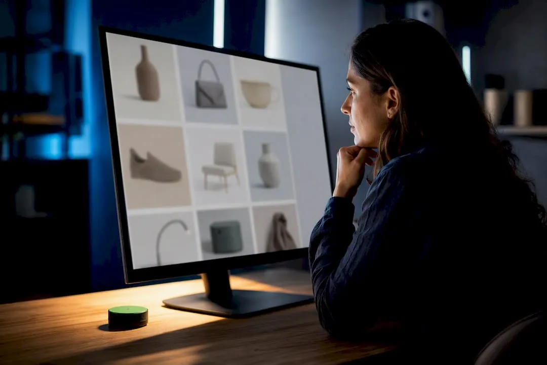Operator reviewing square product image tiles