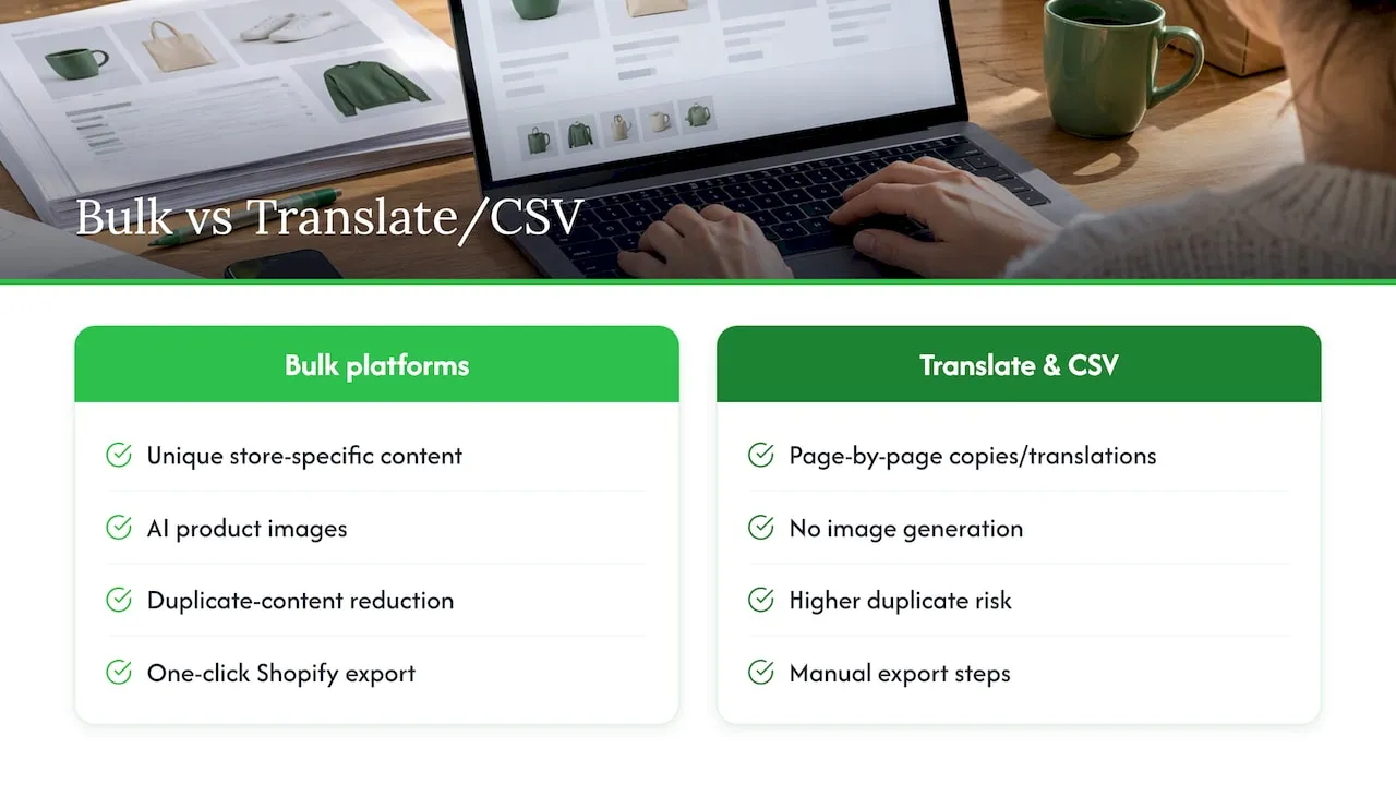 How EcomEye handles bulk translation at catalogue scale — overview diagram