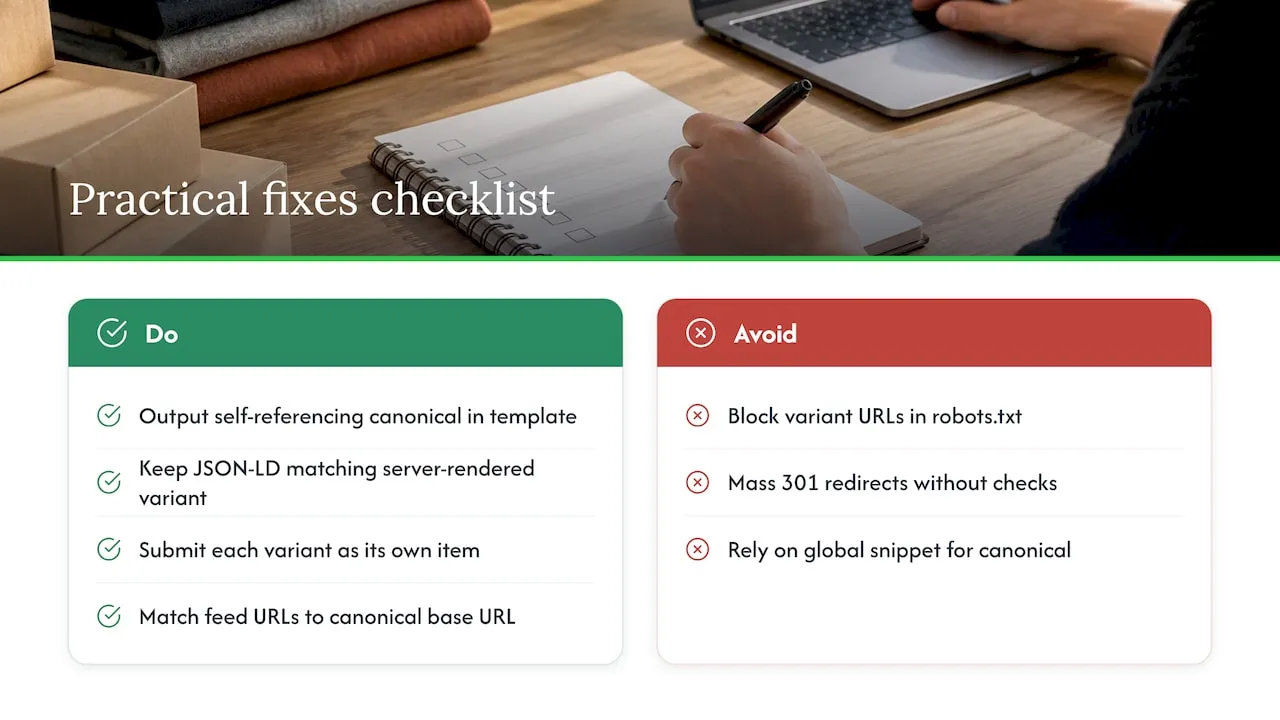 Practical fixes: theme code, structured data and feed settings — overview diagram