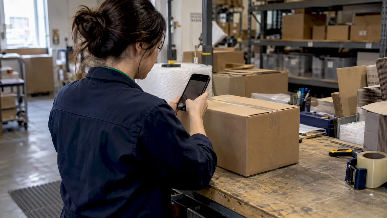 Seller photographing sample shipping package