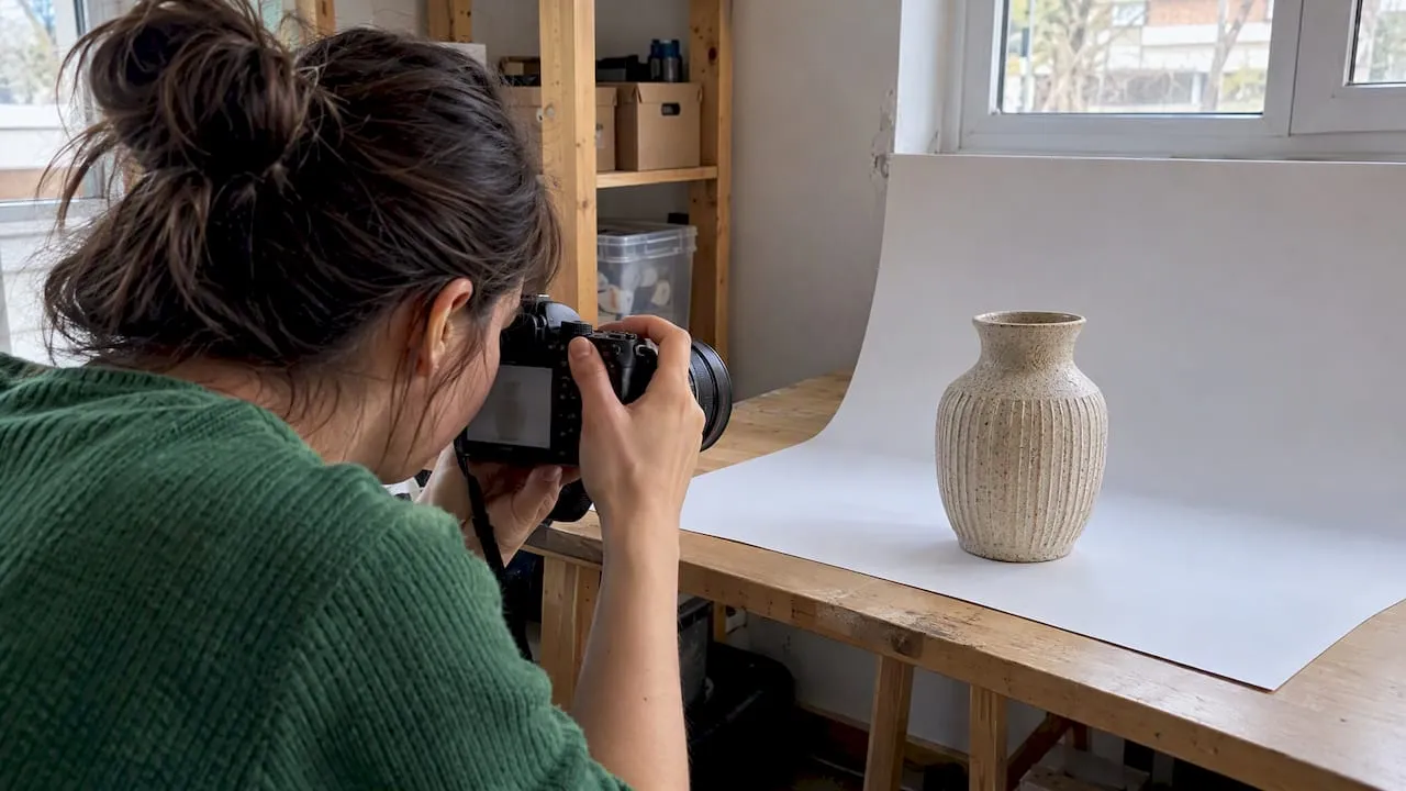 Ceramic vase being photographed for a product listing