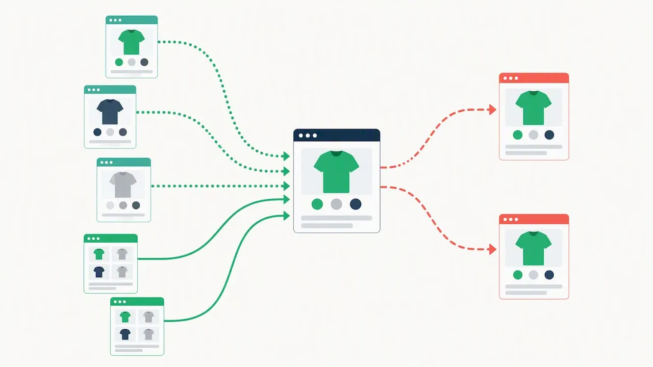 Variant URL paths converging on canonical product