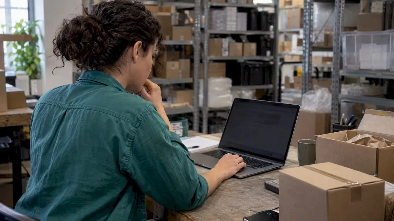 Store operator checking product data on laptop