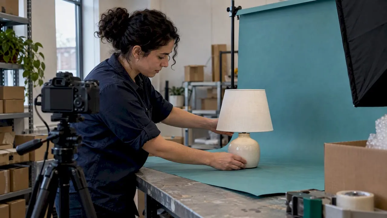 Seller positioning a lamp for product photography