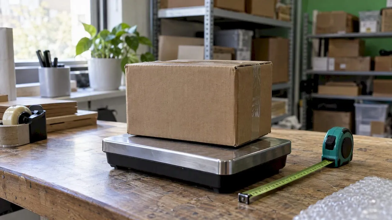 Parcel weighed and measured at packing bench